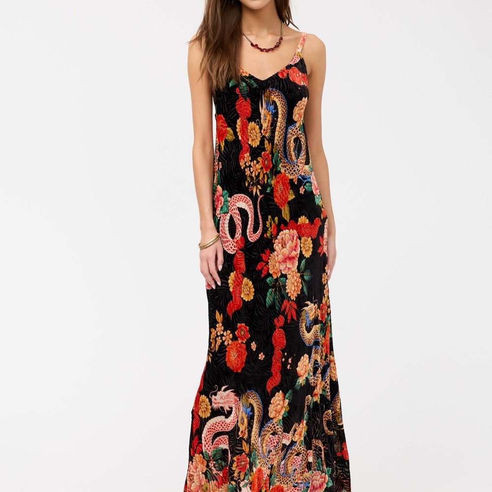 Johnny Was Kanako Velvet Burnout  Maxi Dress with Colorful Floral Design NWT
